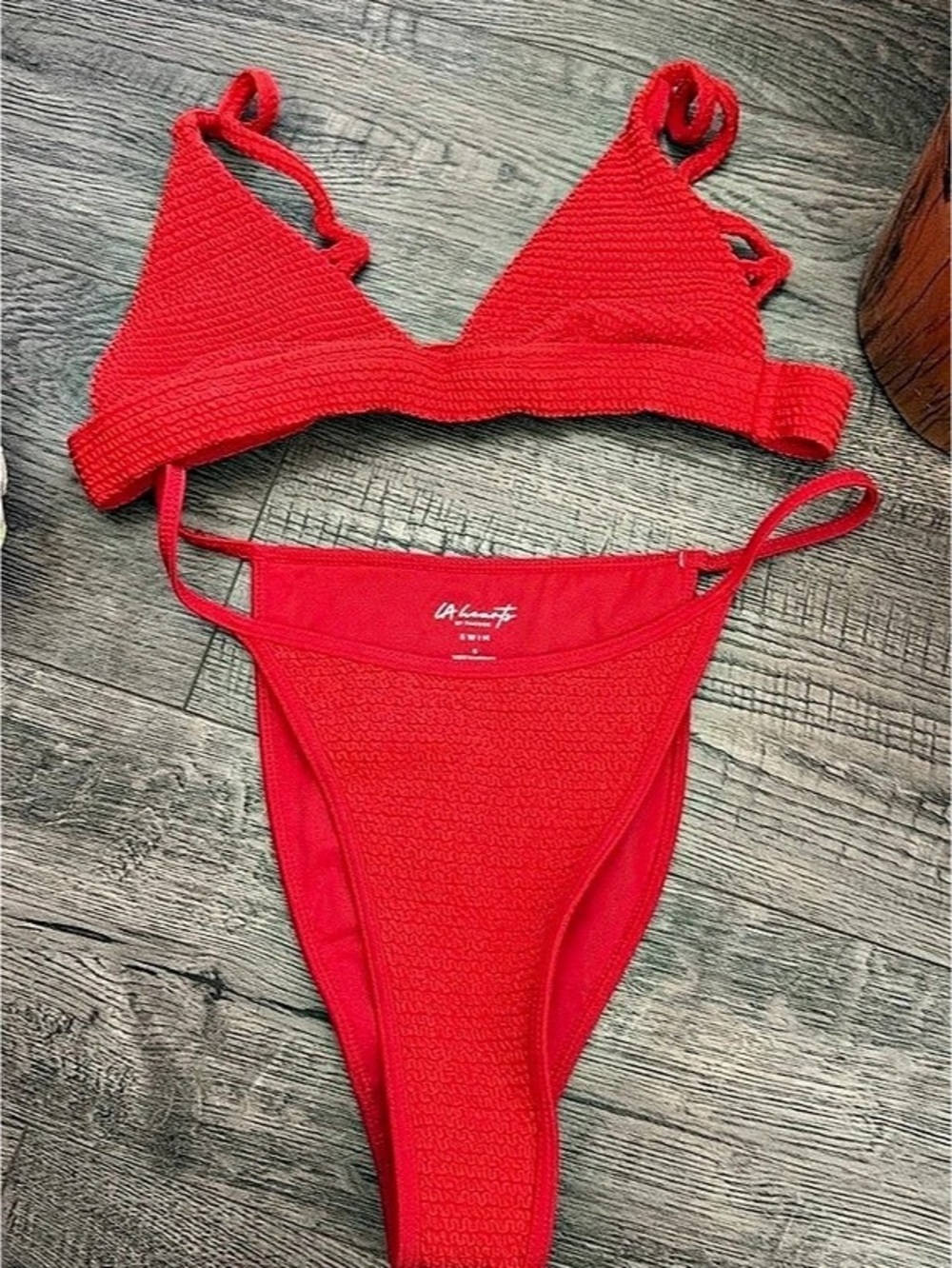 LA Hearts Ribbed Triangle Bikini Set Red